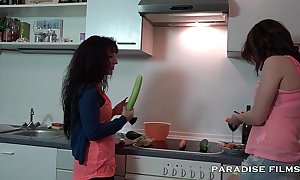 German lesbian babes having it away with respect to the kitchen